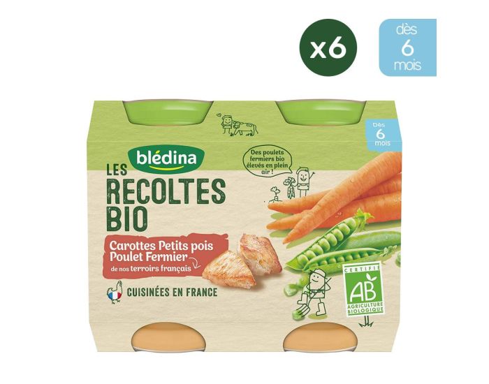 BLEDINA Les R�coltes Bio - 6x(2x200g) Petits Pots - Carottes, Petits Pois et Poulet - D�s 6 mois