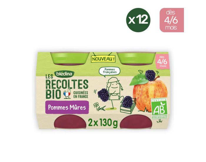 BLEDINA Les Recoltes Bio - 12x(2x130g) - Pommes M�res - D�s 6 mois