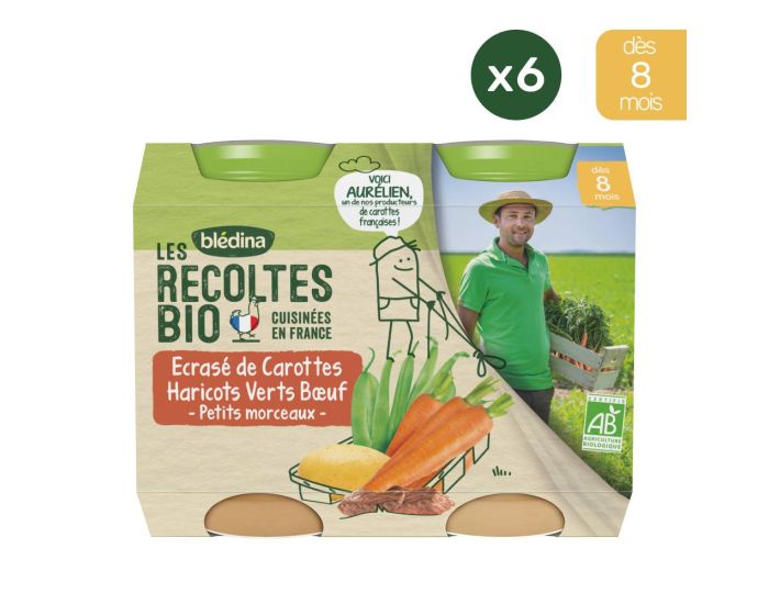 BLEDINA Les R�coltes Bio - 6x(2x200g) - Ecras� de Carottes, Haricots Verts et Boeuf - D�s 8 mois