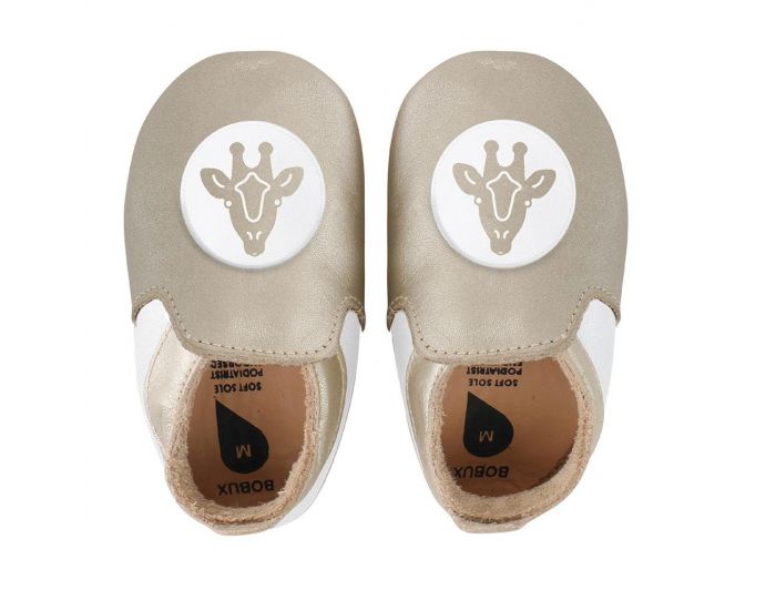 BOBUX Chaussons Bb Soft Soles en cuir Dor avec girafe blanche