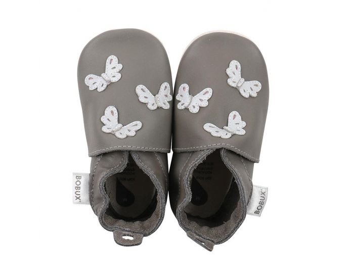 BOBUX Chaussons Bb Soft Soles en cuir - Papillons Gris