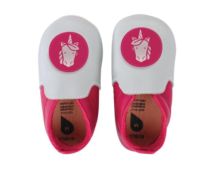 BOBUX Chaussons Bb Soft Soles en cuir - Argent avec licorne fuchsia