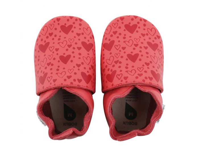 BOBUX Chaussons Bb Soft Soles en cuir - Rouge corail avec coeurs