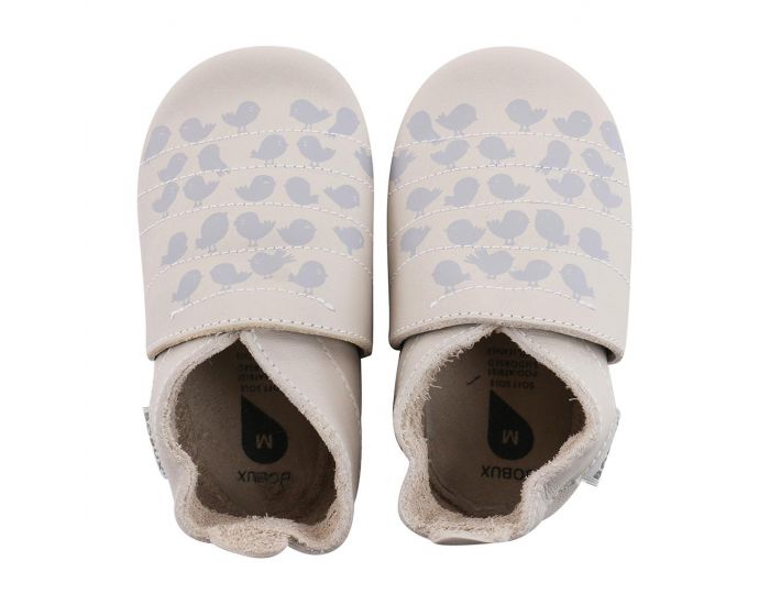 BOBUX Chaussons Bb Soft Soles en cuir - Ecru oiseaux imprims