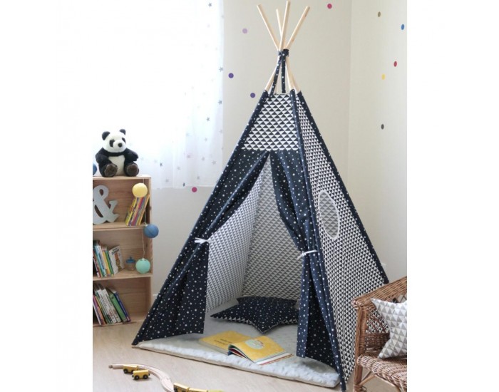 CREACOTON Tipi Enfant en Bois et Coton - Bleu Marine