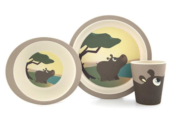 YUUNAA Set Repas Bb en Fibre de Bambou 3 Pices - Hippopotame