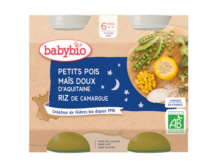 BABYBIO Petits Pots Bonne Nuit - 2x200g - Ds 6 mois Petits Pois & Mas doux d'Aquitaine - Riz - 6 M