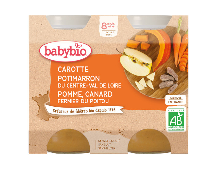 BABYBIO Petits Pots Menu du Jour - 2x200g - Ds 8 mois Carotte, Potimarron, Pomme & Canard Fermier - 8 mois