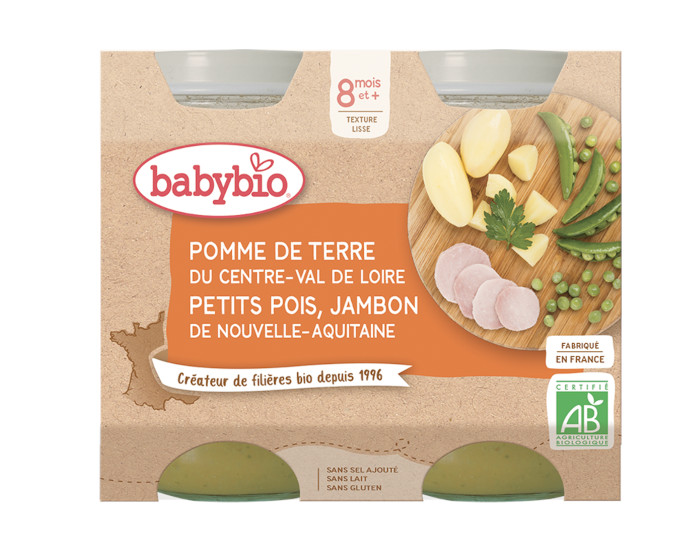 BABYBIO Petits Pots Menu du Jour - 2x200g - Ds 8 mois PDT, Petits Pois & Jambon - 8 mois