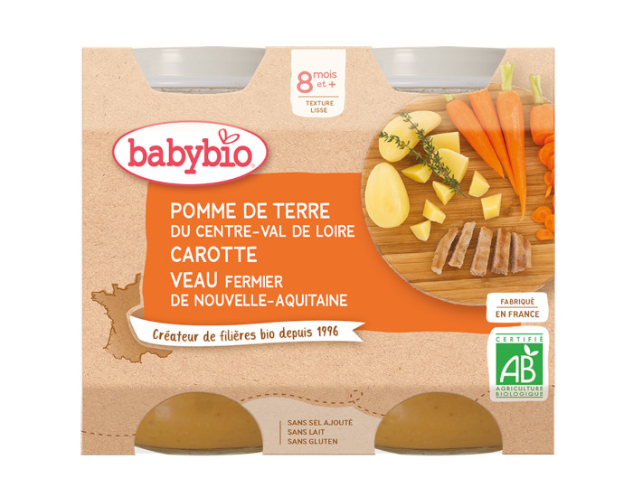 BABYBIO Petits Pots Menu du Jour - 2x200g - Ds 8 mois PDT, Carotte & Veau Fermier d'Aquitaine et du Limousin - 8 mois