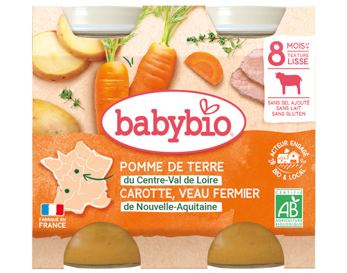 BABYBIO Petits Pots Menu du Jour - 2x200g - Ds 8 mois PDT, Carotte & Veau Fermier d'Aquitaine et du Limousin - 8 mois