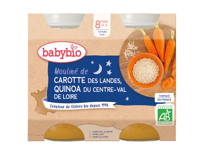 BABYBIO Petits Pots Menu du Jour - 2x200g - Ds 8 mois Moulin de Carotte des Landes & Quinoa - 8 mois