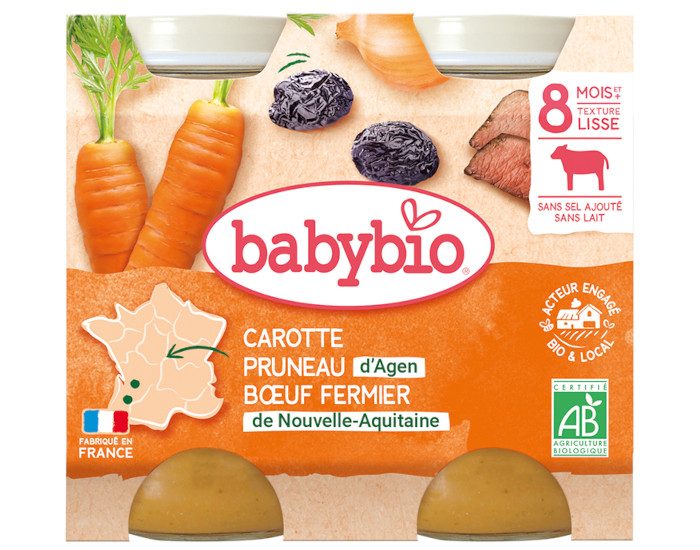 BABYBIO Petits Pots Menu du Jour - 2x200g - Ds 8 mois Carotte Pruneau Boeuf Fermier - 8 mois
