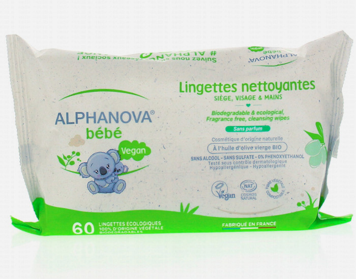ALPHANOVA Bébé Lingettes Nettoyantes Sans Parfum - 60 Lingettes