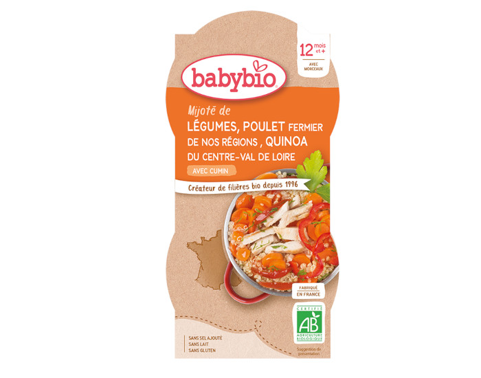 BABYBIO Bols Menu du Jour - 2 x 200 g Mijot de Lgumes Poulet fermier du Poitou & Quinoa - 12 Mois