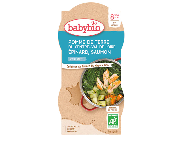 BABYBIO Bols Menu du Jour - 2 x 200 g Pomme de Terre - pinards - Saumon - 8 Mois