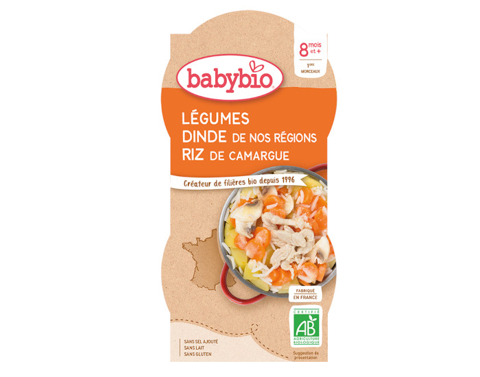 BABYBIO Bols Menu du Jour - 2 x 200 g Lgumes Dinde du Poitou & Riz de Camargue - 8 Mois