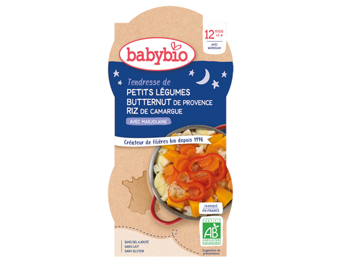 BABYBIO Bols Bonne Nuit - 2 x 200 g Tendresse de petits lgumes - Riz - 12 mois