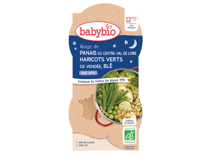 BABYBIO Bols Bonne Nuit - 2 x 200 g Haricots Verts de Vende - Panais - Bl - 12 mois