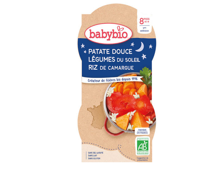 BABYBIO Bols Bonne Nuit - 2 x 200 g Patates Douces - Lgumes du Soleil - 8 mois