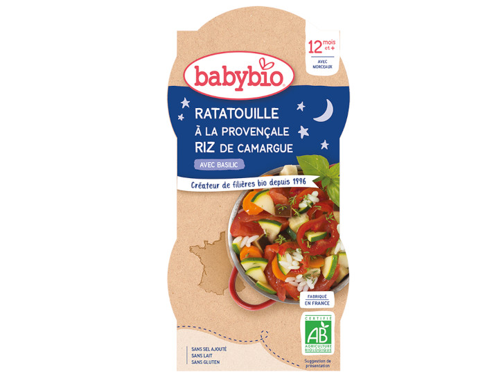 BABYBIO Bols Bonne Nuit - 2 x 200 g Ratatouille  la Provenale & Riz - 12 mois