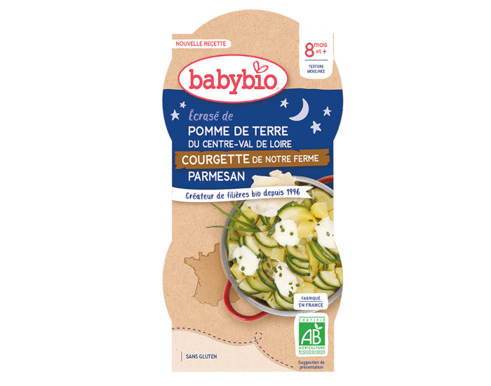 BABYBIO Bols Bonne Nuit - 2 x 200 g cras de Pommes de Terre et Courgettes - 8 mois