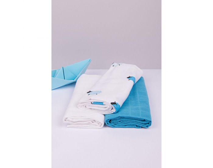 KADOLIS Lot de 3 Langes 100% Coton Bio motifs Moutons Bleu 60 x 60 cm