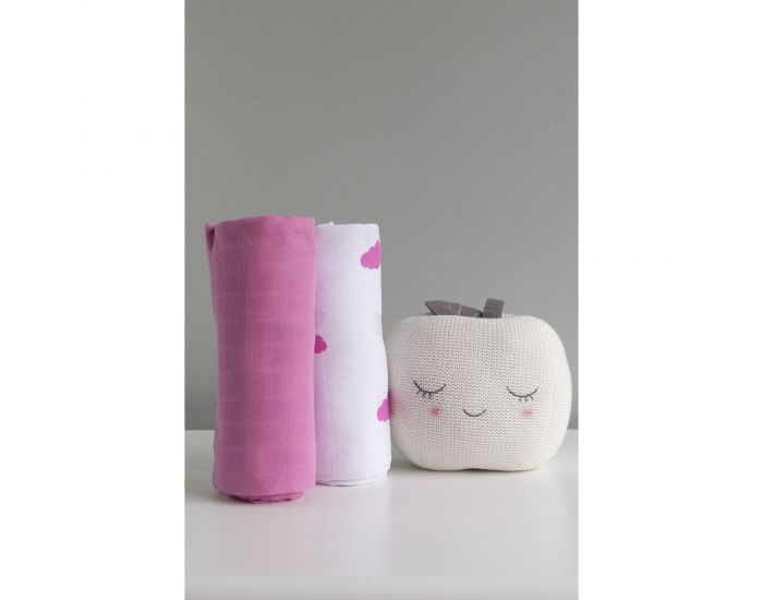 KADOLIS Lot de 2 Maxi Langes 100% Coton Bio imprims Nuages Rose 120 x 120 cm