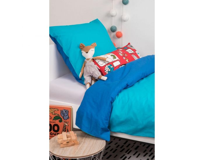 KADOLIS Housse de Couette Enfant en Coton Bio + Taie Bleue 140 x 200 cm