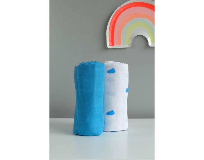 KADOLIS Lot de 2 Maxi Langes 100% Coton Bio Imprims Nuages Bleu - 120x120cm 120 x 120 cm