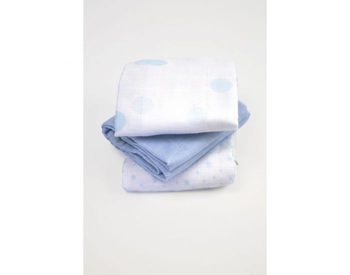 KADOLIS Lot de 3 Langes - Coton Bio - Imprims Bleu Ciel 60 x 60 cm