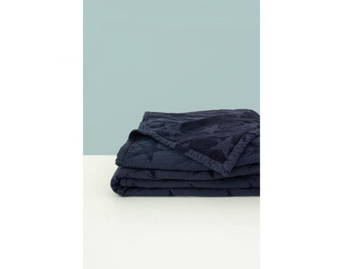 KADOLIS Couverture Star en Maille Chenille et Coton Bio Bleu Marine