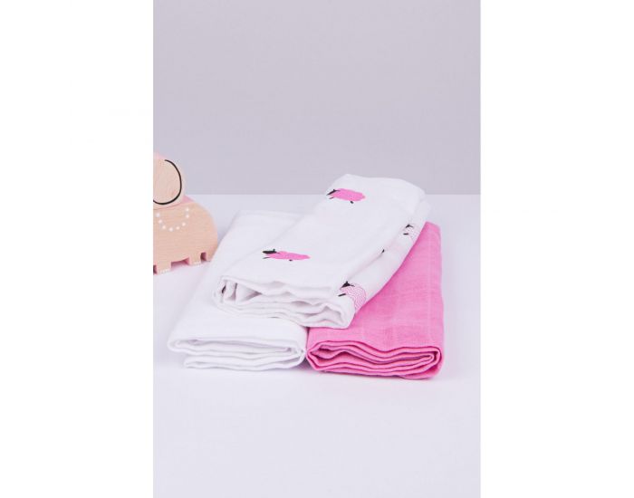 KADOLIS Lot de 3 Langes 100% Coton Bio Motifs Moutons Rose  60 x 60 cm