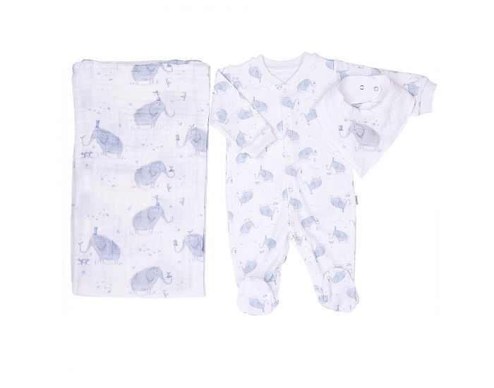 SEVIRA KIDS Kit Dors-Bien + Bandana + Lange en coton Bio - Elphants Gris
