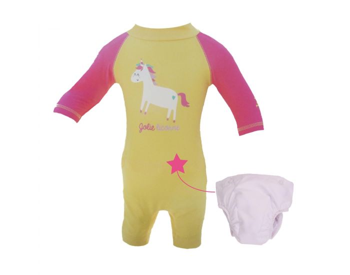 PIWAPEE Combinaison Anti UV UPF50+ avec couches anti-fuite clipsable Swim - Licorne Jaune et Rose