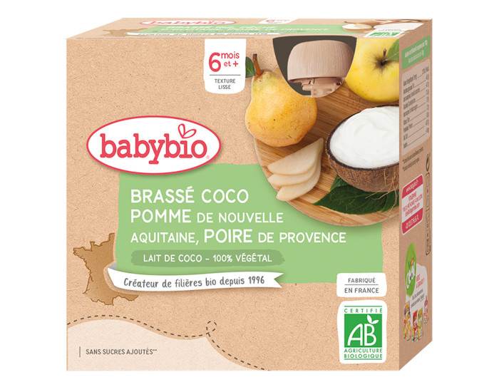 BABYBIO Gourde Brass Vgtal - 4x85 g - Ds 6 mois Lait de Coco Pomme d'Aquitaine Poire