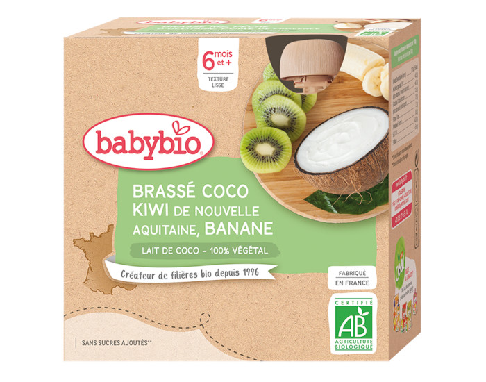 BABYBIO Gourde Brass Vgtal - 4x85 g - Ds 6 mois Lait de Coco Kiwi d'Aquitaine Banane