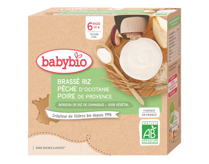 BABYBIO Gourde Brass� V�g�tal - 4x85 g - D�s 6 mois Riz P�che d'Occitanie Poire de Provence