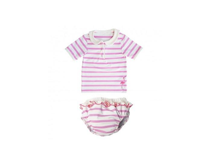 MAYOPARASOL Saint Trop Ensemble Tee-Shirt Bb Anti-UV Et Maillot Couche - Rose / Blanc Taille 6 mois