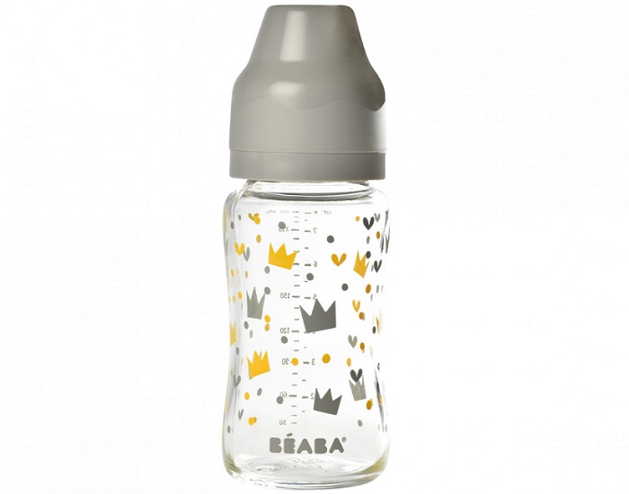 BEABA Biberon Verre Col Large 240 ml - Yellow  Grey Crown