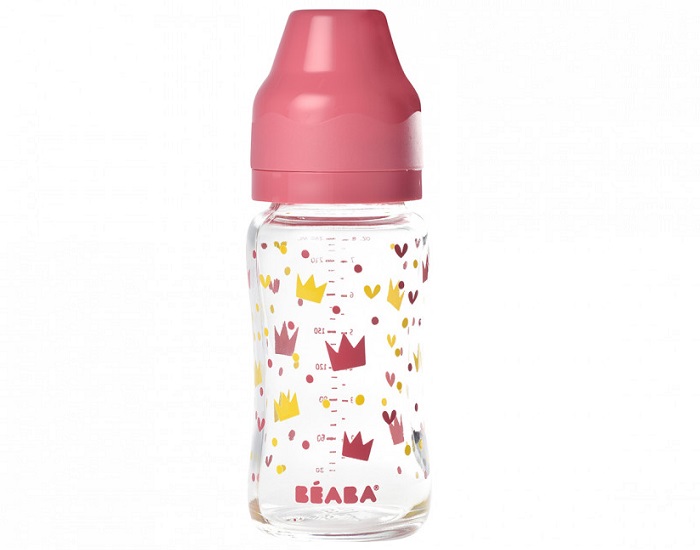 BEABA Biberon Verre Col Large 240 ml - Yellow Pink Crown