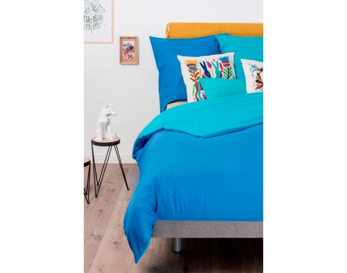 KADOLIS Housse de couette Adulte en coton bio + 2 taies Bicolores Bleu