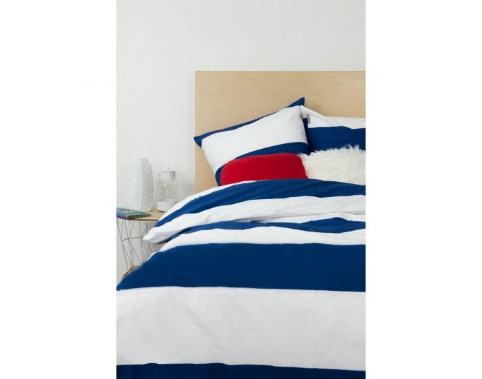 KADOLIS Housse de couette adulte Coton bio  rayures bleues + taies