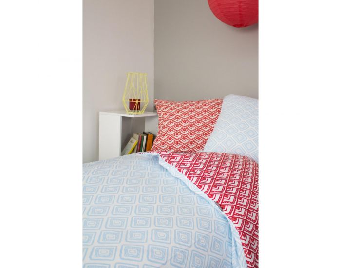 KADOLIS Housse de couette + taies adulte Coton bio Bleu/rouge