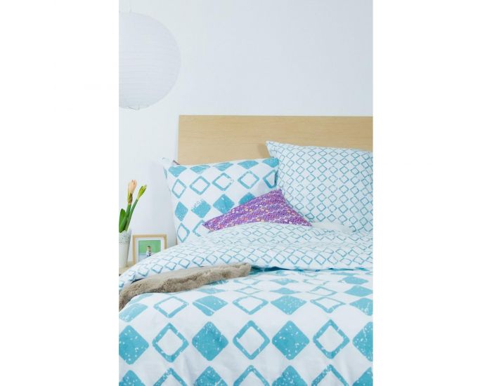 KADOLIS Housse de couette adulte en coton bio Losanges bleus/blancs + taies
