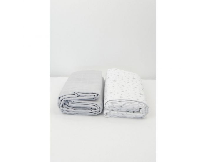 KADOLIS Lot de 2 Maxi langes 100% coton bio imprims Etoiles Gris 120 x 120 cm