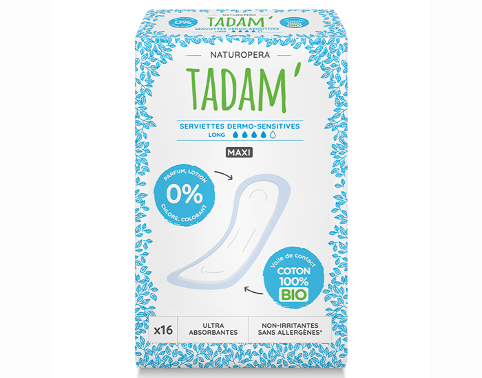 TADAM Serviettes Dermo-Sensitives Maxi Long - Boite de 16