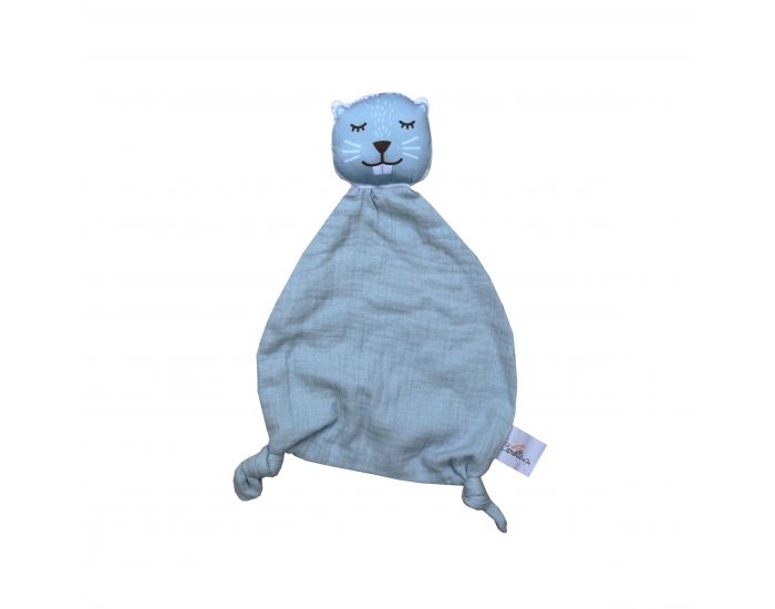 CAROTTE & CIE Doudou Castor en Double Gaze - Bleu - Ds la Naissance