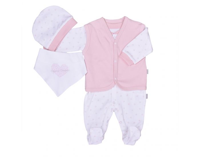 BEBESEO Ensemble 100% Bio 4 Pices Fille Barboteuse, Gilet, Bavoir et Bonnet