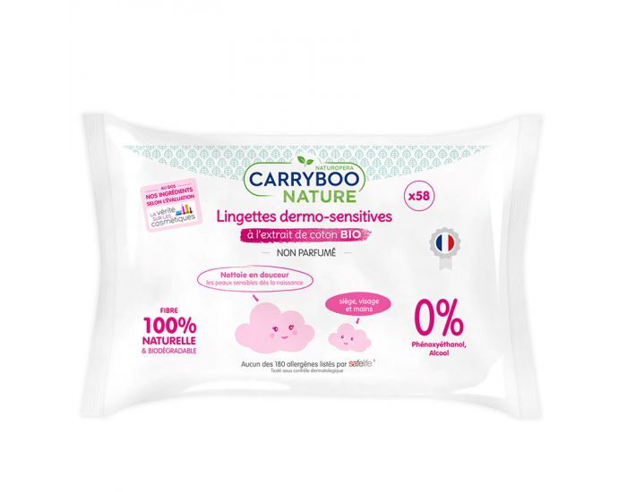 CARRYBOO Lingettes Dermo-Sensitives Sans Parfum  l'Extrait de Coton Bio -3x58 Lingettes